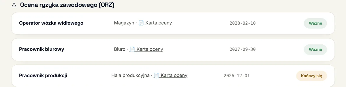 Panel klienta — ocena ryzyka zawodowego (dane przykładowe)