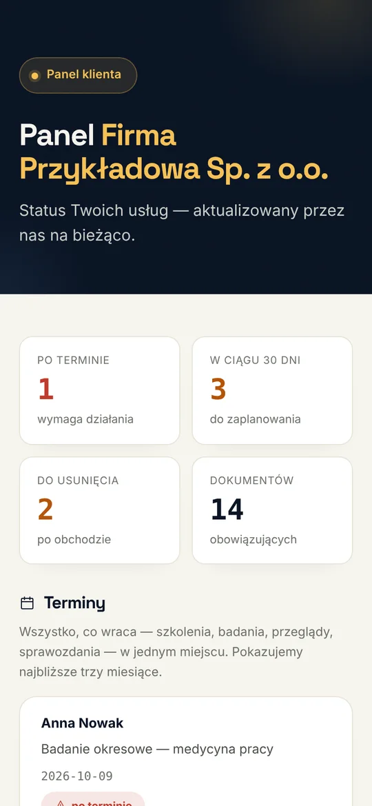 Panel klienta na telefonie (dane przykładowe)