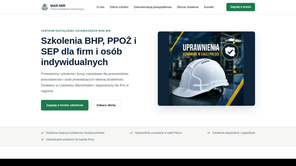 Zrzut ekranu strony głównej CKU MAR-MIR — szkolenia BHP, ppoż. i SEP
