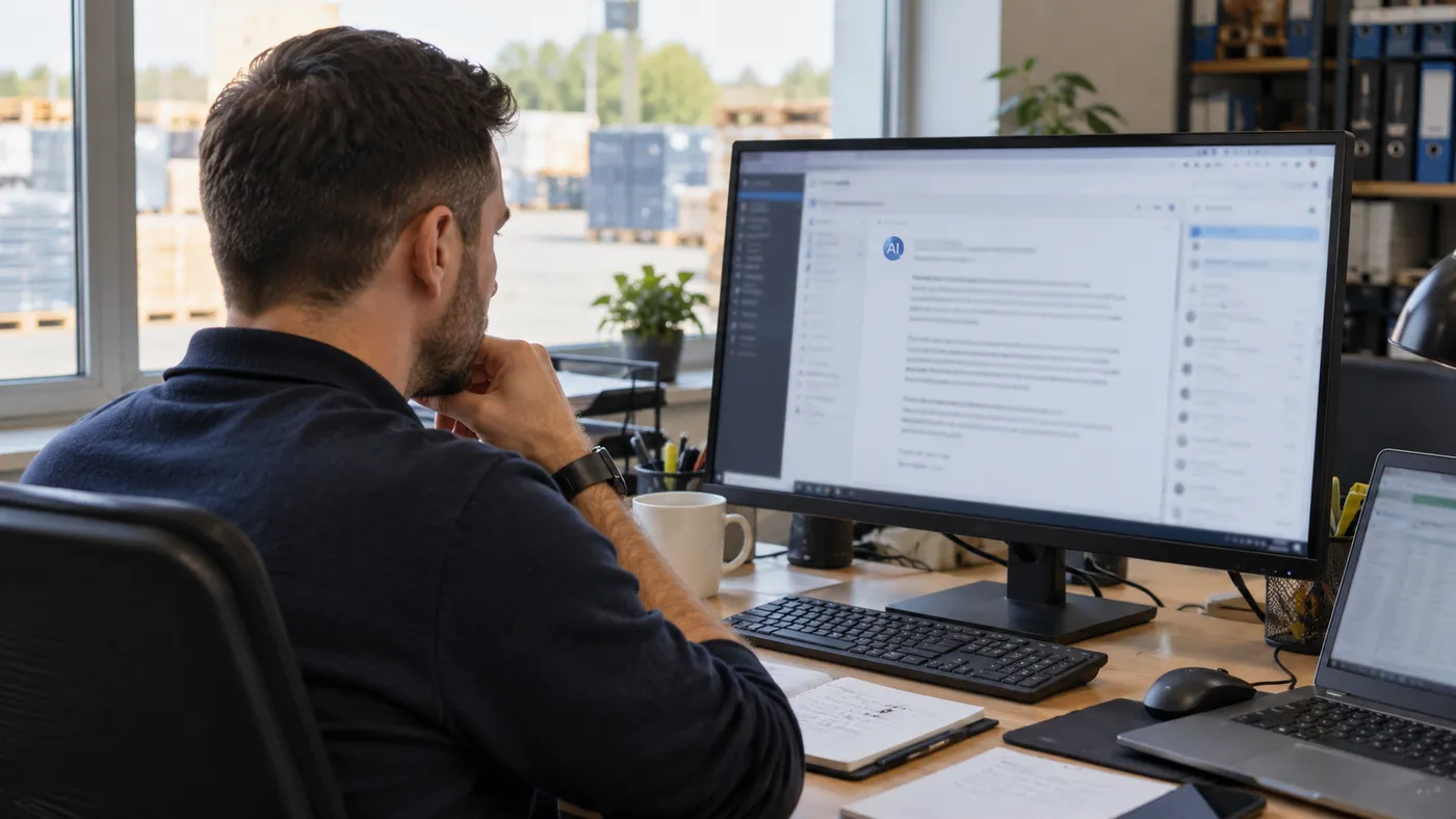 Handlowiec hurtowni przy biurku czyta na monitorze mail wygenerowany przez czat AI