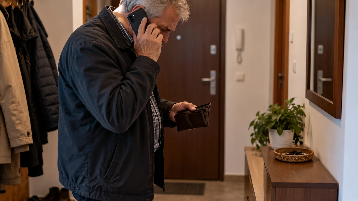 Mężczyzna około sześćdziesiątki w przedpokoju rozmawia przez smartfon, drugą ręką trzyma portfel, wyraz napięcia na twarzy
