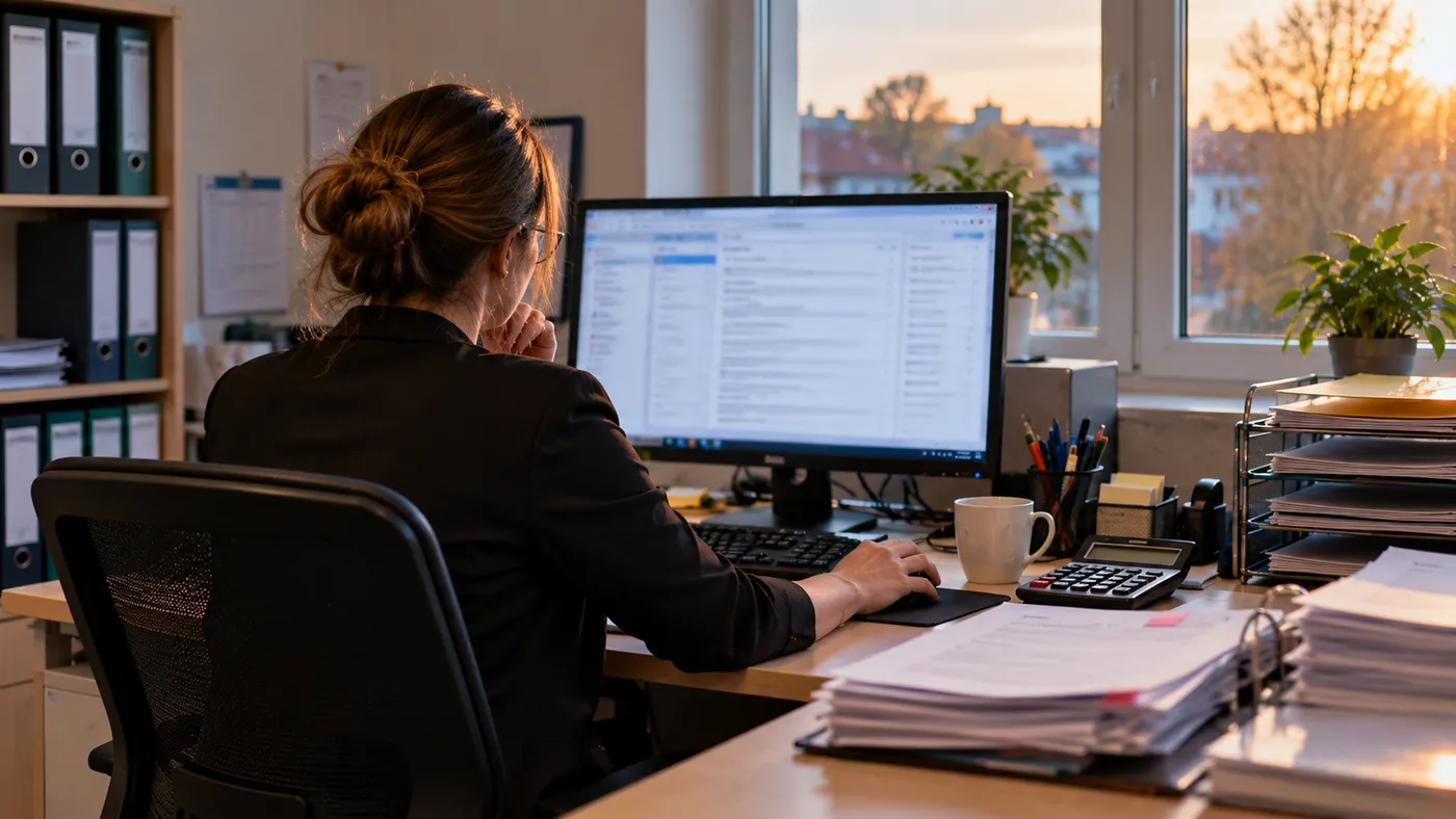Księgowa w małym biurze rachunkowym patrzy na monitor z otwartą skrzynką pocztową, za oknem popołudniowe światło, obok kubek kawy