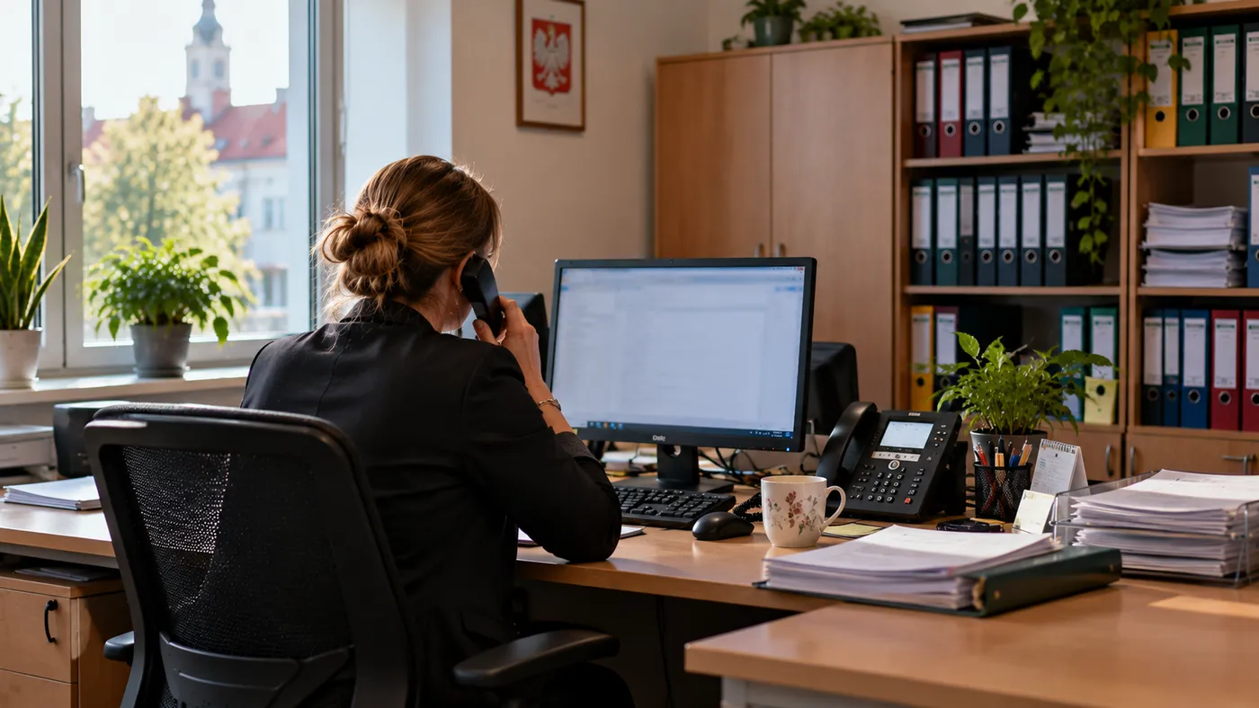Pokój w urzędzie gminy: urzędniczka rozmawia przez telefon stacjonarny, przed nią monitor z rozmytym obrazem, w tle szafa z aktami