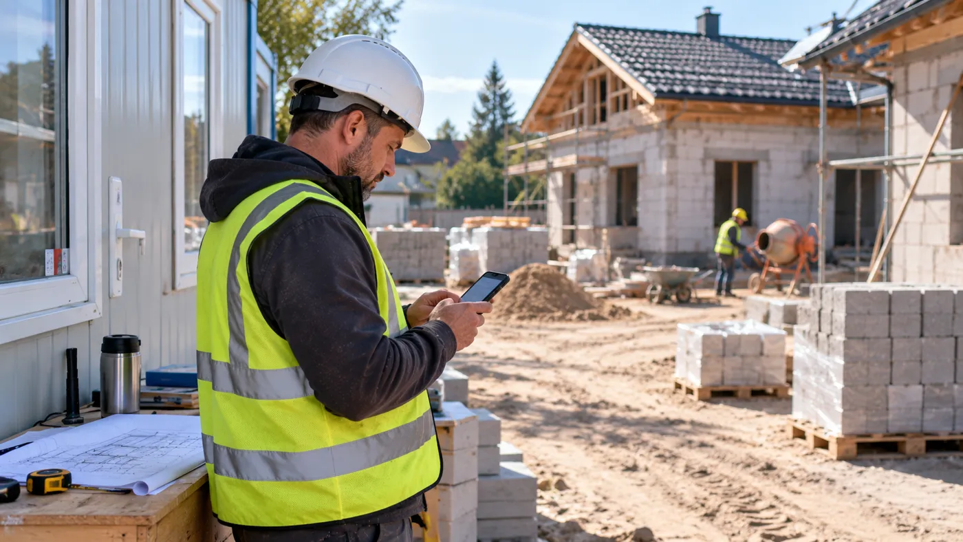 Właściciel małej firmy budowlanej w kasku sprawdza coś w telefonie przy kontenerze biurowym na budowie domu