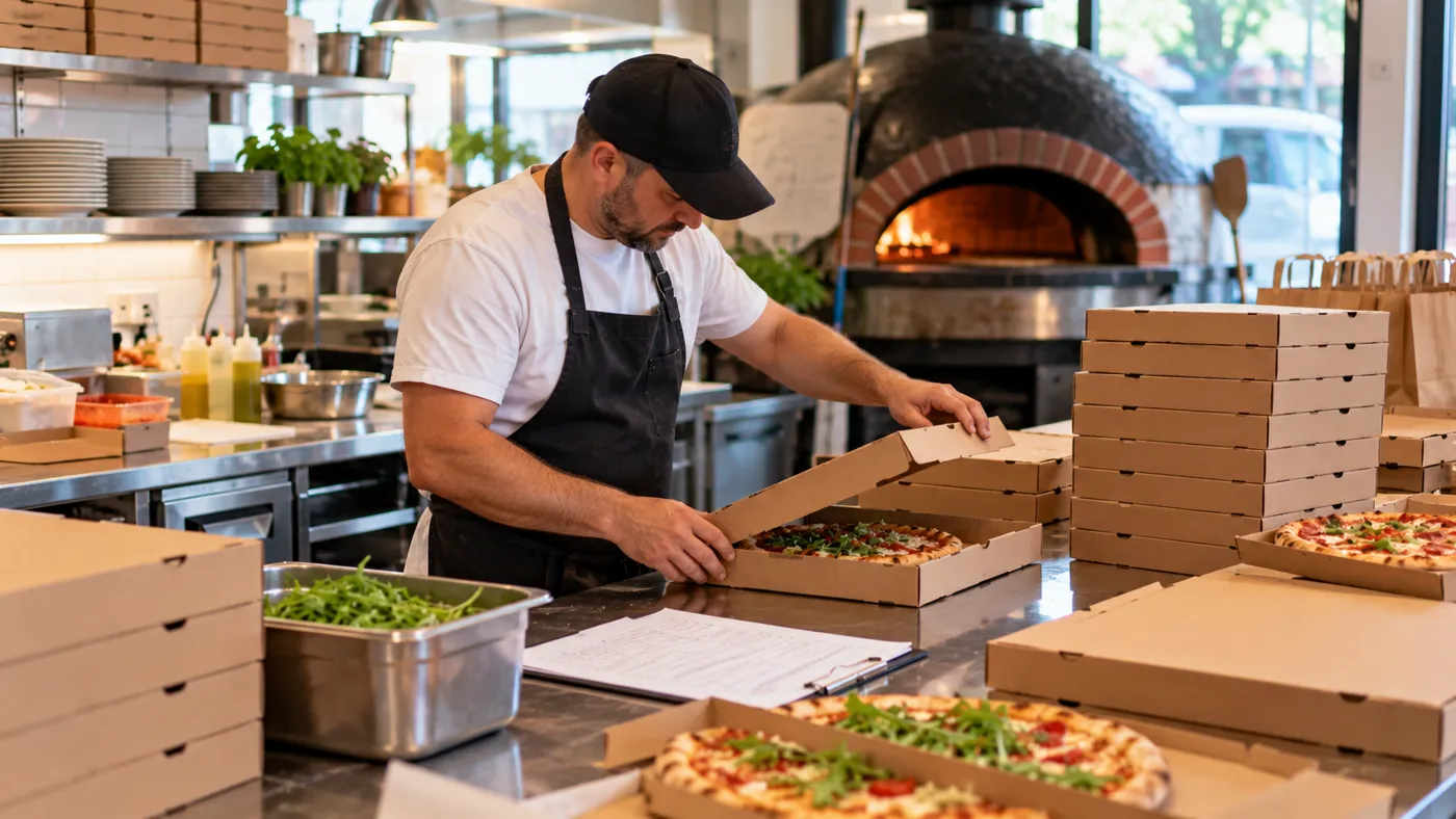 Właściciel pizzerii pakuje pudełka z pizzą na catering firmowy, na ladzie leży kartka zamówienia
