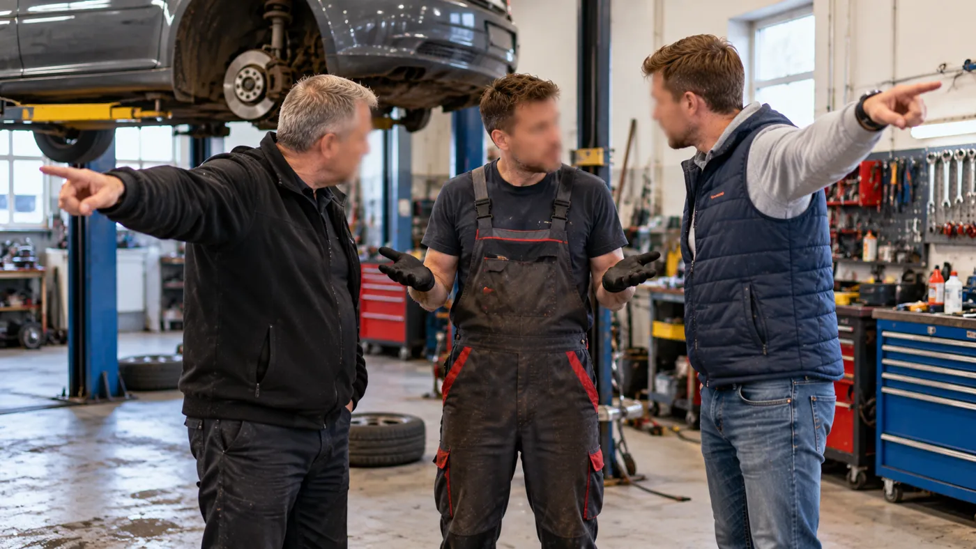 Dwóch mężczyzn wydaje mechanikowi sprzeczne polecenia przy podniesionym samochodzie w warsztacie