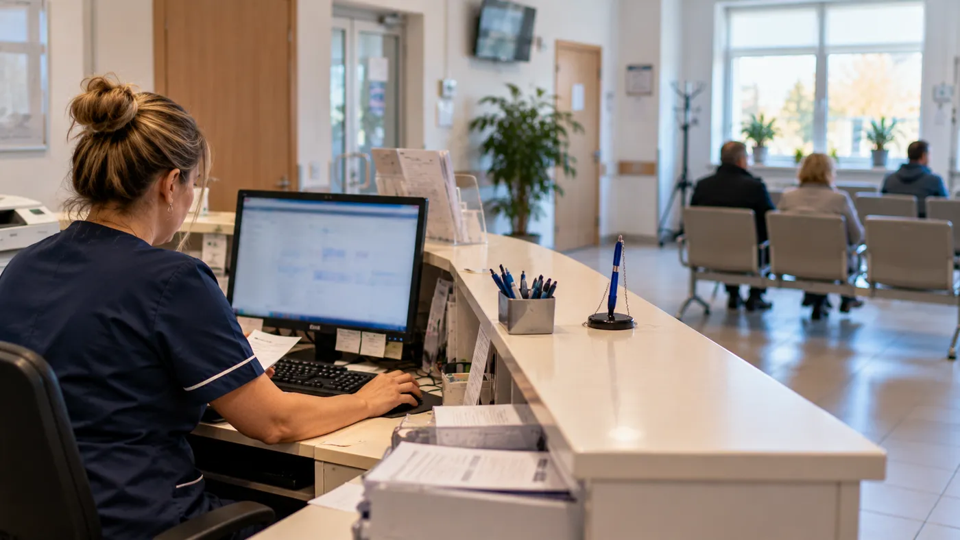 Dwie rejestratorki w przychodni siedzą obok siebie odwrócone plecami, pacjent czeka przy ladzie