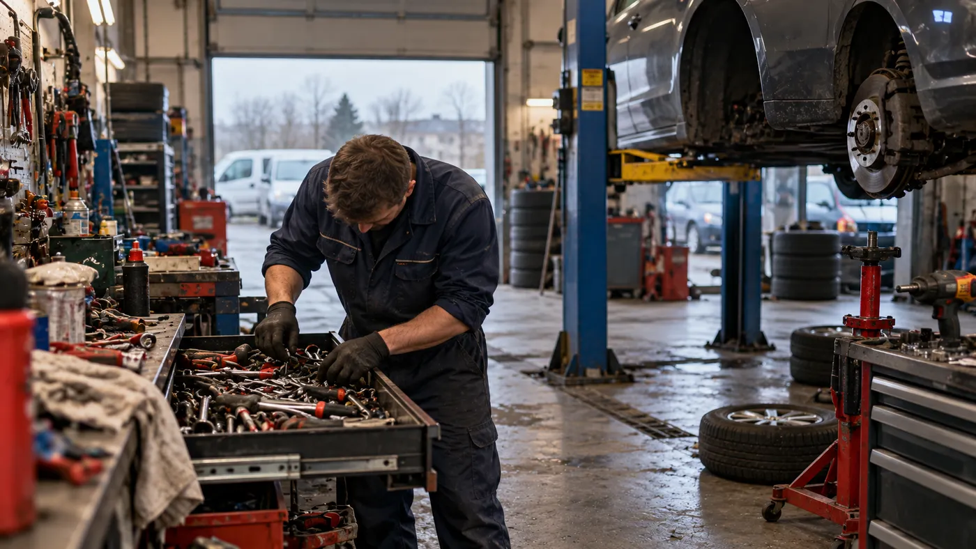 Mechanik w warsztacie samochodowym szuka klucza w nieuporządkowanej skrzynce narzędziowej, obok podniesione auto