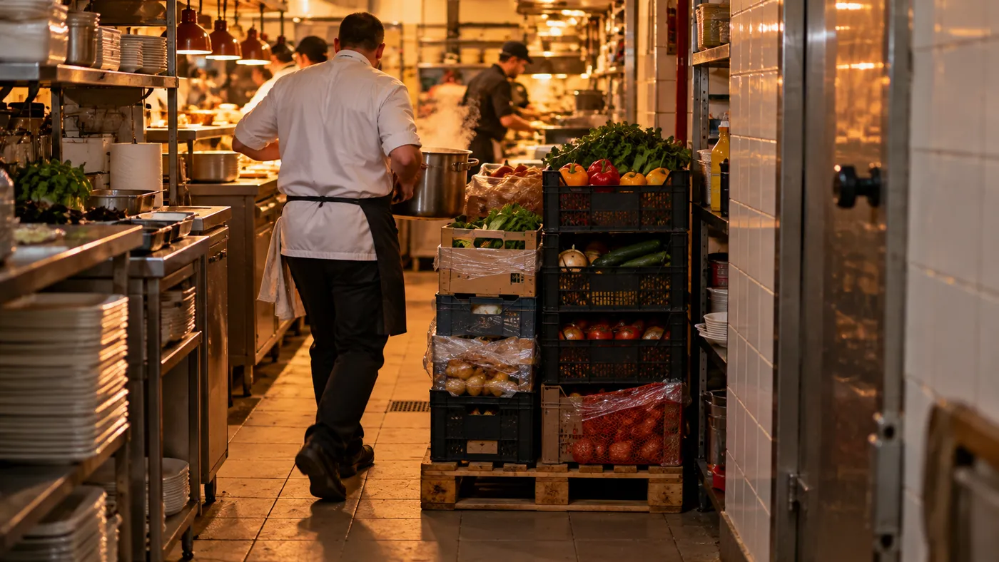 Zaplecze kuchni restauracji z paletą dostawy stojącą w przejściu i kucharzem niosącym gorący garnek