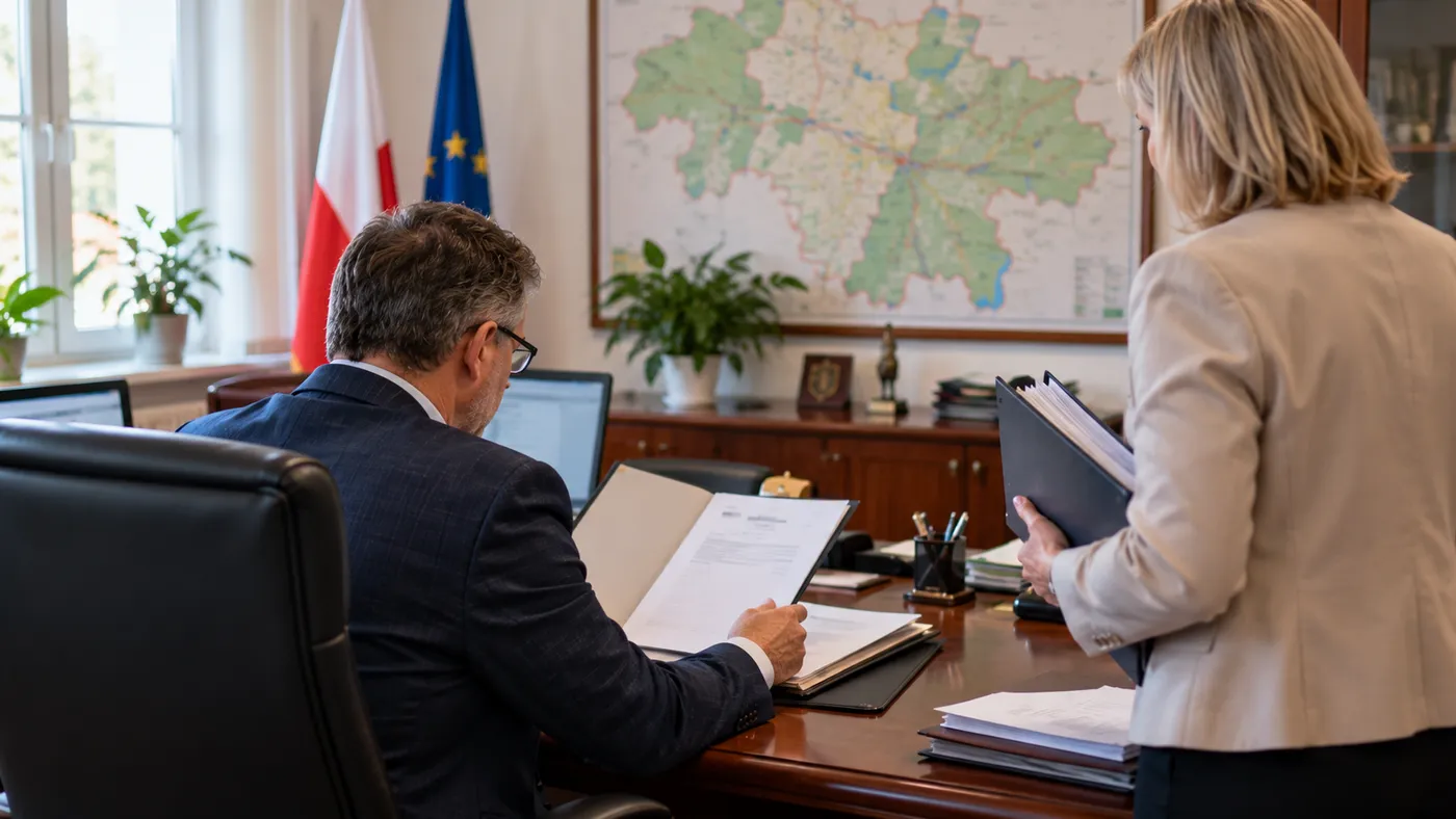 Wójt gminy w średnim wieku w gabinecie urzędu czyta pismo z teczki, obok stoi sekretarz gminy z segregatorem, na ścianie mapa gminy bez czytelnych napisów