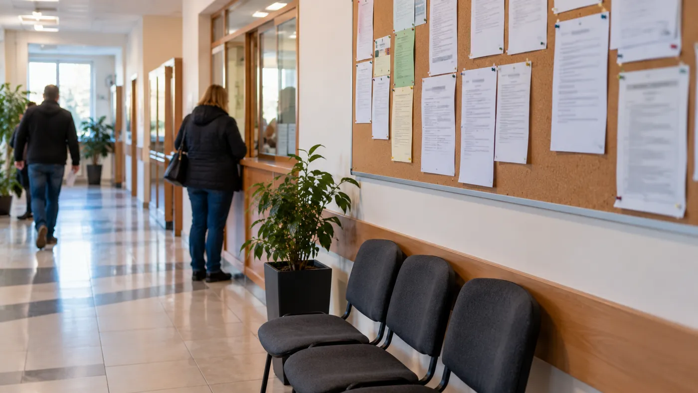 Korytarz urzędu gminy z tablicą ogłoszeń, na tablicy przypięte kartki bez czytelnych napisów, obok krzesła dla interesantów