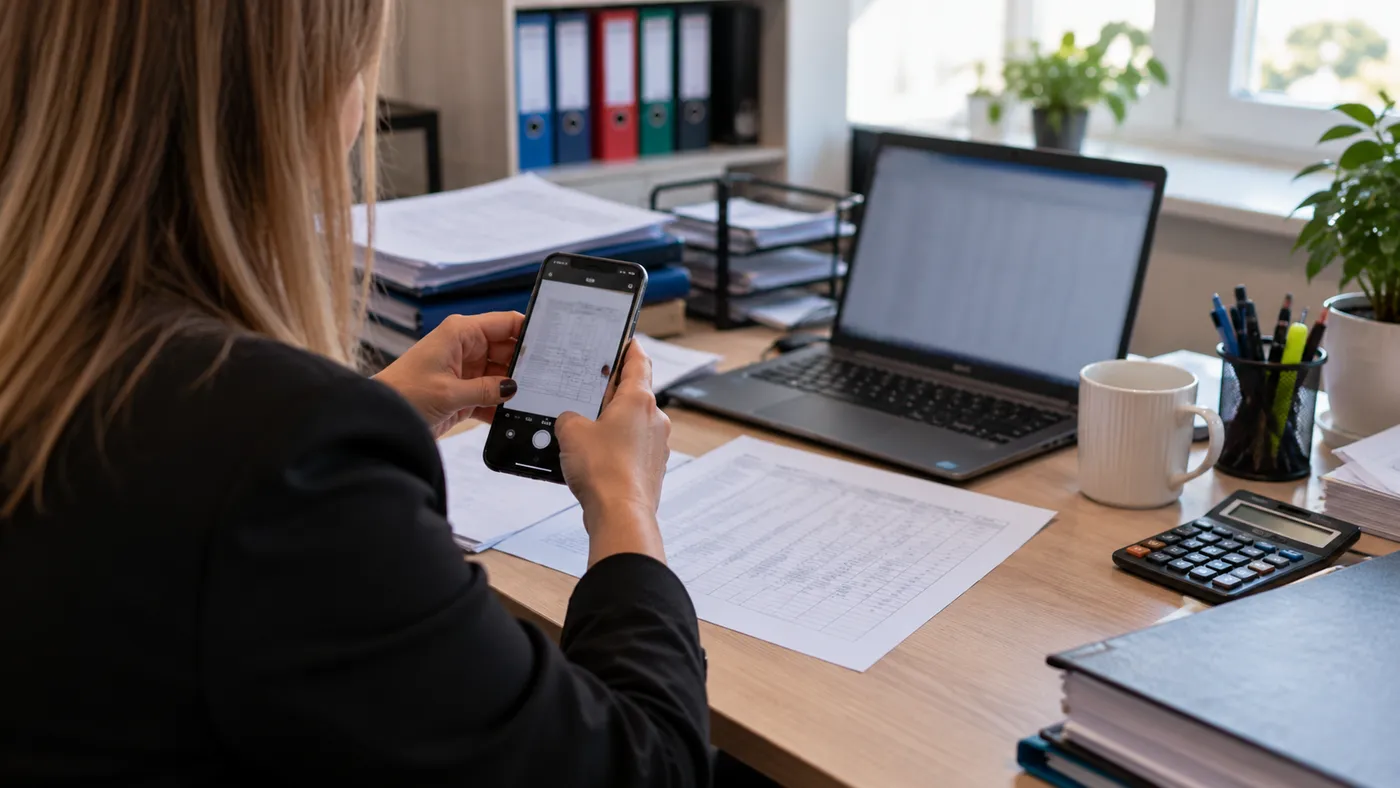 Kobieta w biurze rachunkowym trzyma smartfon nad wydrukiem tabeli na biurku, jakby chciała zrobić zdjęcie, ekran i wydruk nieczytelne
