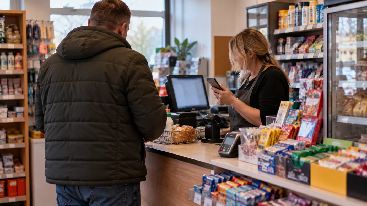 Długa kolejka do jednej czynnej kasy w polskim markecie, zniecierpliwieni klienci z koszykami