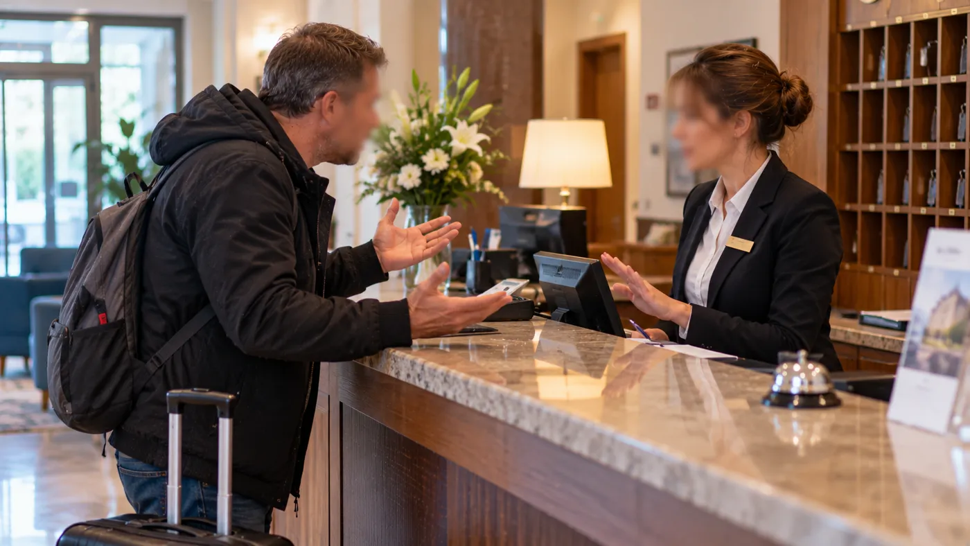 Recepcjonistka w polskim hotelu spokojnie wita zdenerwowanego gościa przy ladzie recepcji