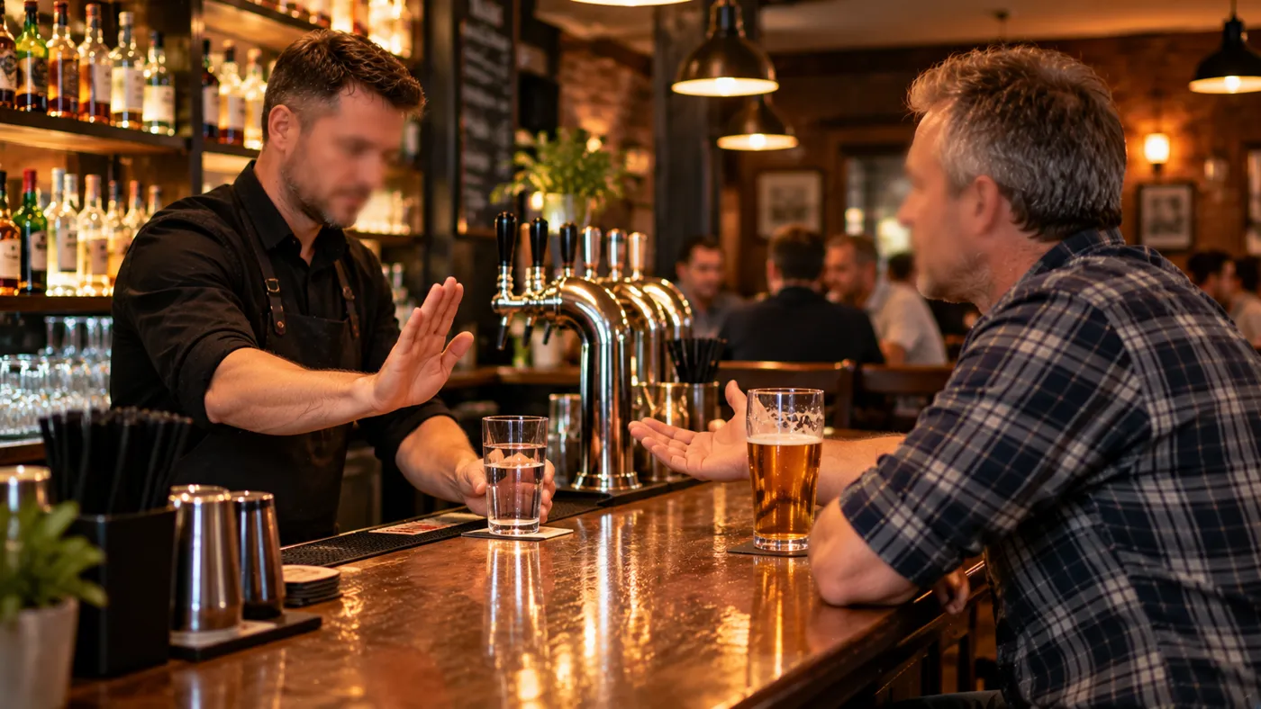 Barman w polskim pubie spokojnie odmawia podania piwa gościowi, podsuwa mu szklankę wody