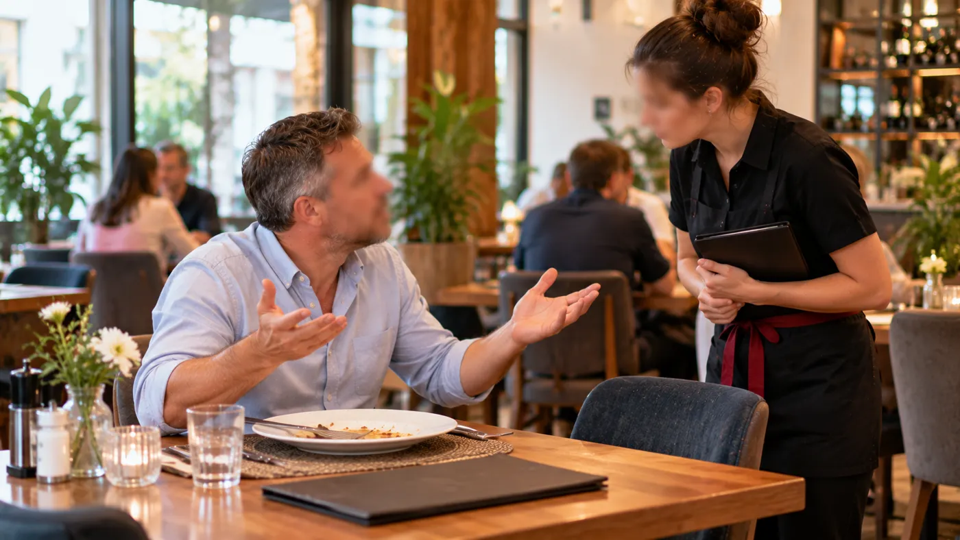 Zdenerwowany gość restauracji rozmawia z kelnerką przy stoliku, obok pusty talerz i karta menu