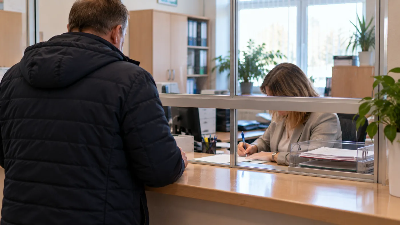 Rejestratorka w polskiej przychodni rozmawia przez okienko ze zdenerwowanym starszym pacjentem