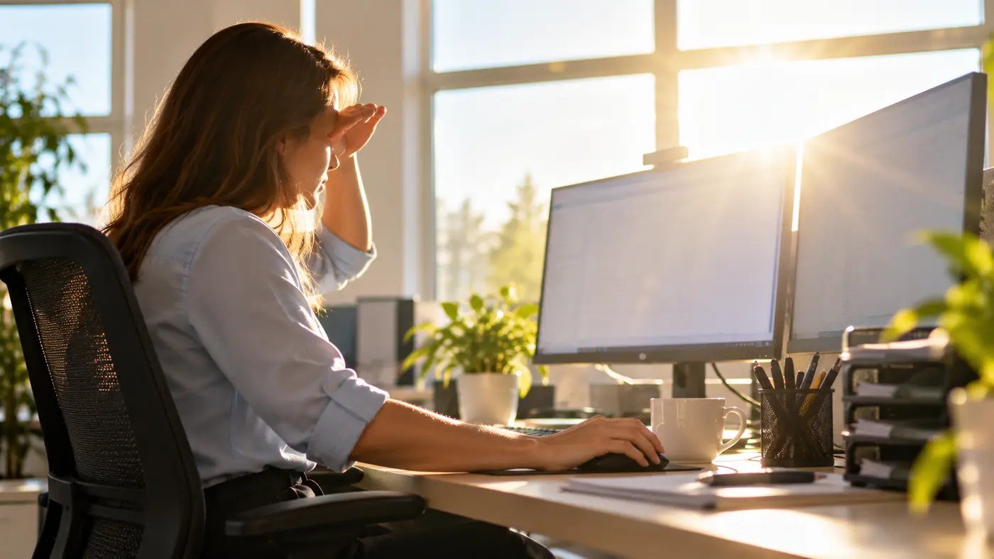 Słońce świeci przez okno prosto na monitor pracownicy biura