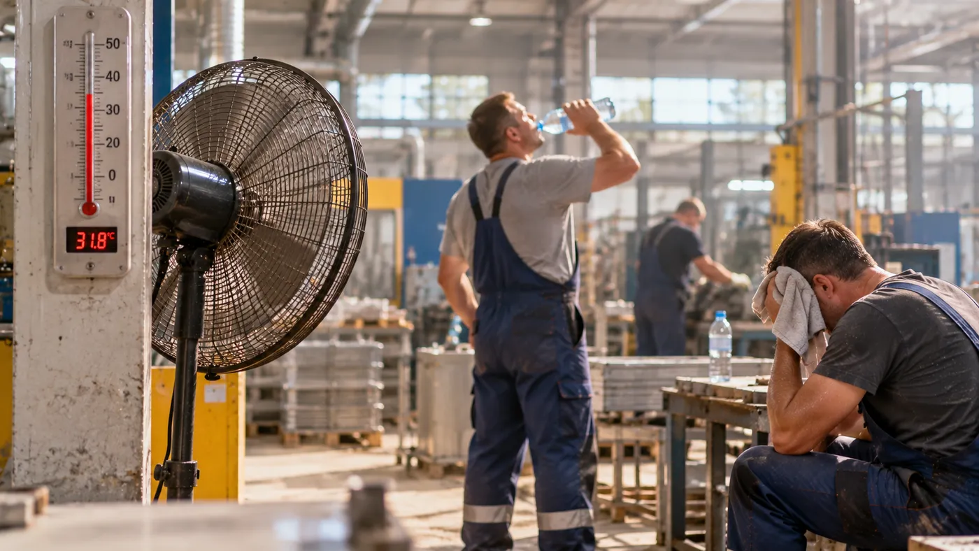 Termometr w hali pokazuje 31,8°C, pracownik pije wodę przy wentylatorze