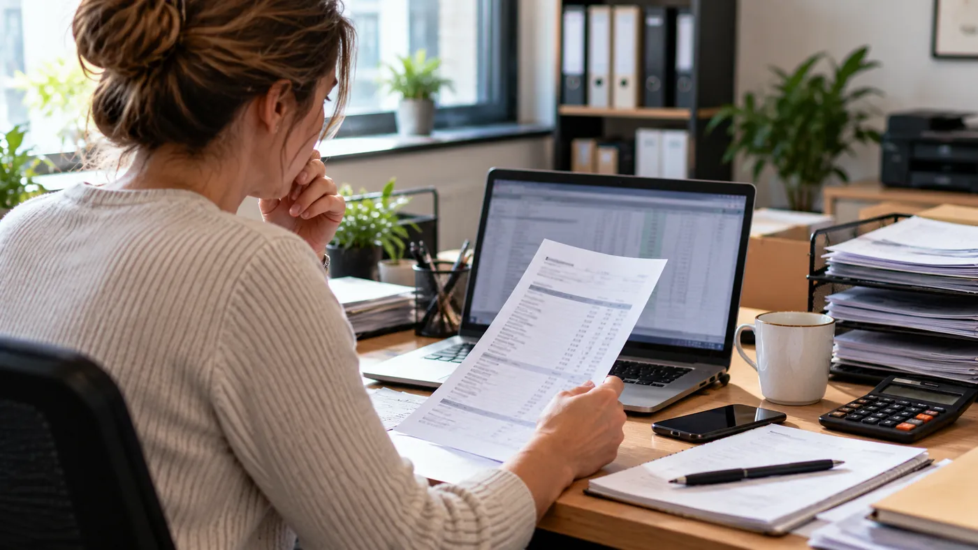 Pracownica małej firmy z wydrukiem wyciągu bankowego przy laptopie, lekko zdziwiona