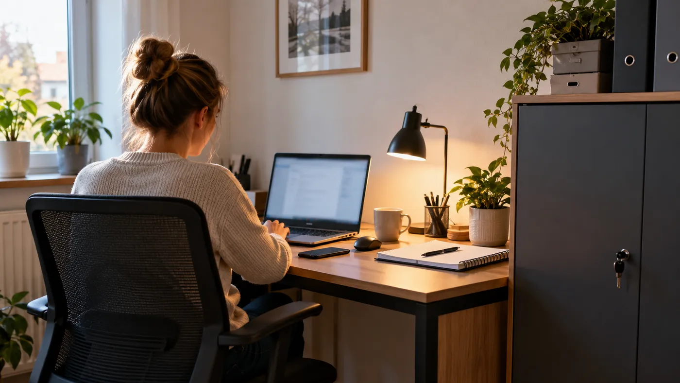 Domowe miejsce pracy: laptop służbowy na biurku przy ścianie, lampka, zamykana szafka na dokumenty — praca zdalna przenosi część biura do domu